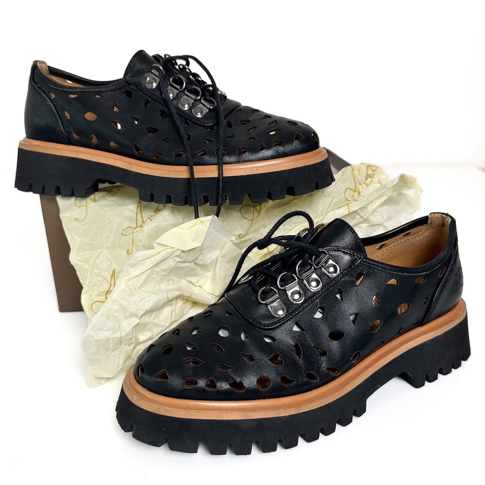Azura Black Leather Laser Cutout Lace Up Platform Oxford Shoes Women EU 37‎ US 7
